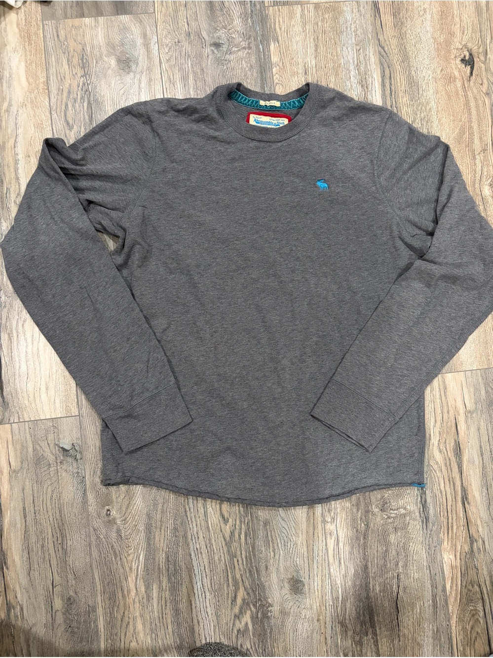 Abercrombie & Fitch Men's Long-Sleeve Crew in Charcoal with Teal Logo